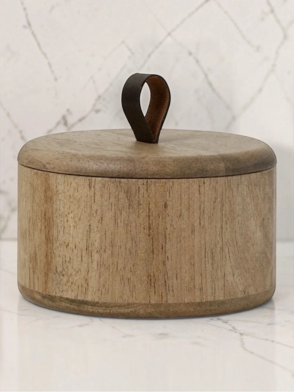 New Target Threshold Round Wooden Canisters Leather Loop Handle - Set of 2